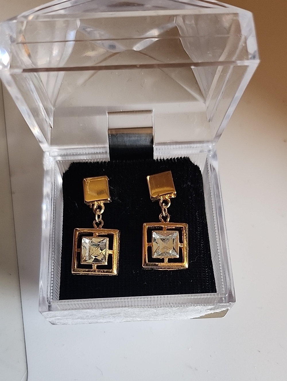 Gold-tone Square Drop Earrings with Clear Rhinestones